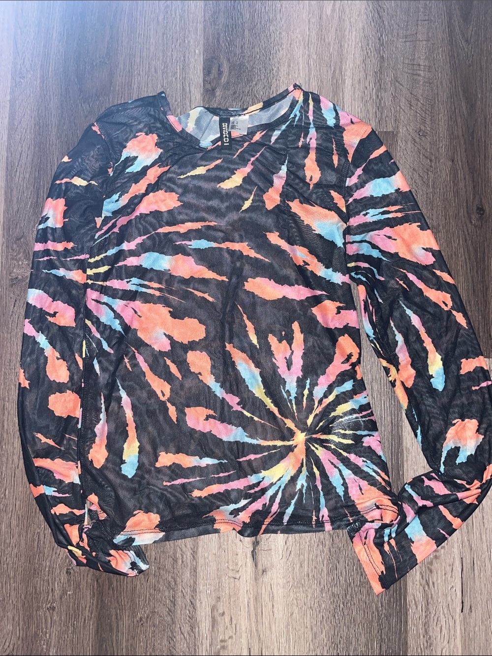 Long Sleeve Mesh Tie-Dye Spiral Print Top - Black with Coral & Blue